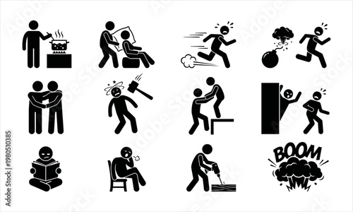 Diverse Stick Figure Icons Illustrating Everyday Human Actions, Emotions, and Social Interactions with Pictograms