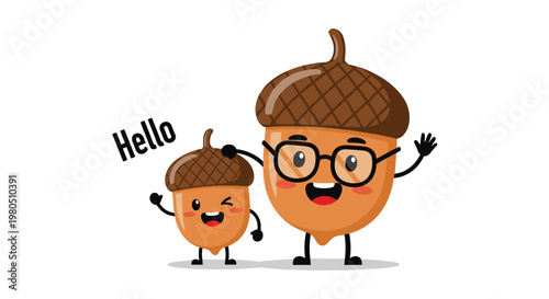 Two cute acorn characters with faces saying hello while waving their hands on a clean white background for autumn themes.