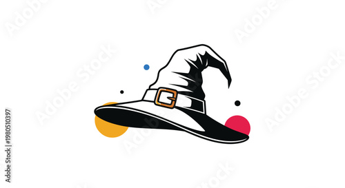 Classic black pointy witch hat with a white band and gold buckle on a white background with colorful decorative circles.