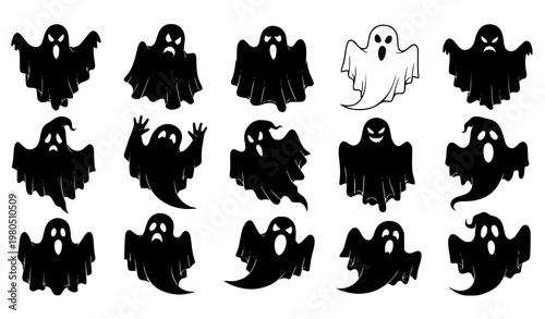 Halloween ghost silhouettes vector set – spooky spirits and scary expressions collection