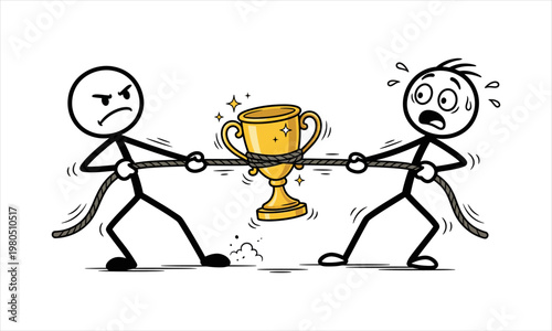 Stick figures in a tug of war over a golden trophy with sparkles