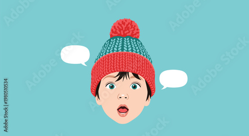 Surprised young boy with big blue eyes wearing a red and teal knit winter hat with a pompom and speech bubbles on a blue background.