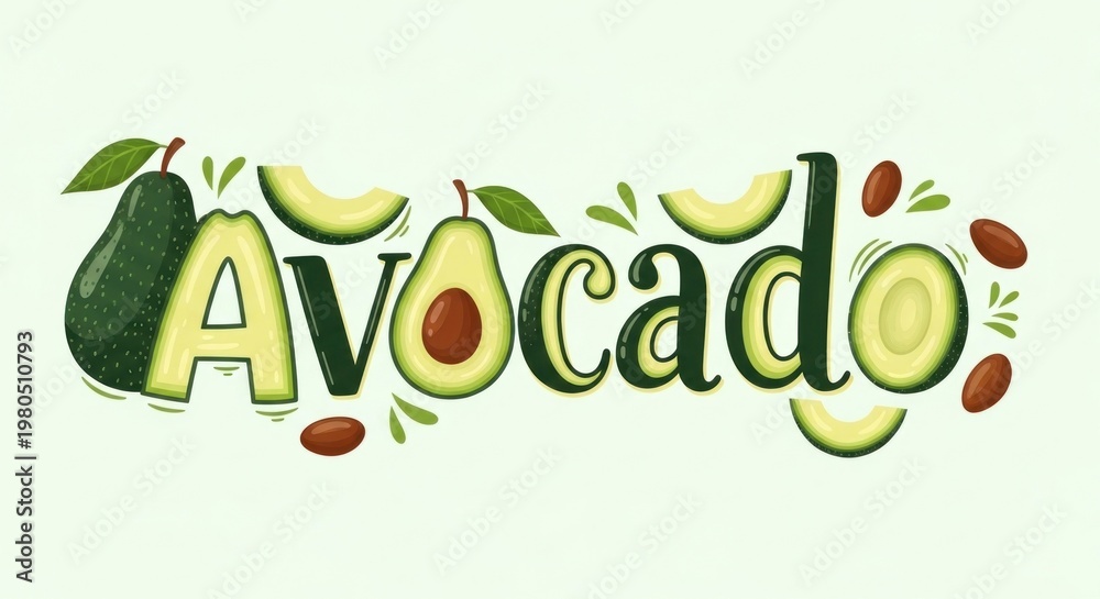 Naklejka premium A stylized illustration of the word 'Avocado' with various avocado slices, leaves, and pits