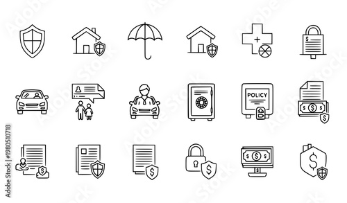 Insurance and financial protection line icon set – security and safety vector collection