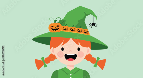 Happy young girl with red hair wearing a green witch hat decorated with small pumpkins and a spider for halloween celebrations.