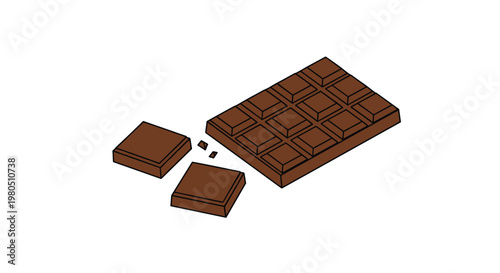 Isometric illustration of a dark chocolate bar with two broken squares and crumbs on a white background for food and dessert themes.
