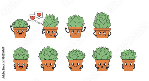 Large collection of cute succulent plant characters in clay pots with diverse facial expressions representing various emotions and moods.
