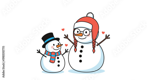Snowman family with a parent and child wearing festive winter hats and scarves share a moment of love with floating hearts.