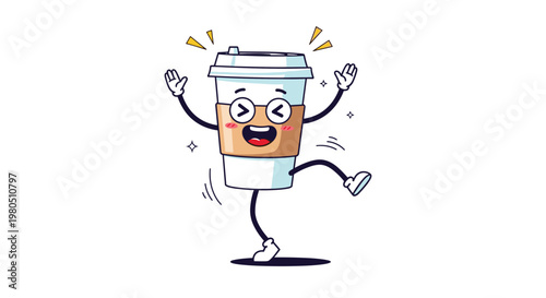Energetic cartoon take-out coffee cup character with a smiling face and glasses dances happily with arms and legs outstretched.