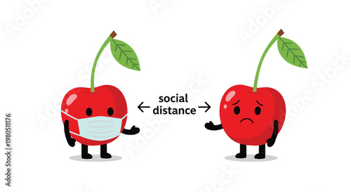 Two cartoon cherry characters including one wearing a face mask practice social distancing with a clear arrow indicator.