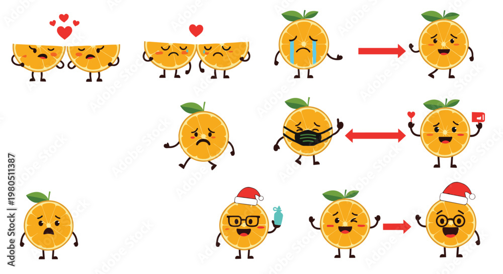 Fototapeta premium Collection of cute orange slice characters showing various emotions and actions like love sadness and wearing masks.