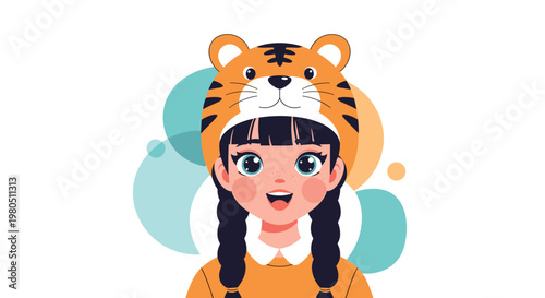 Smiling girl with long dark braids wears a cute orange tiger-themed hat against a background of soft colored circles.