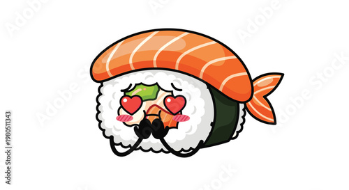 Cute sushi roll character with red heart eyes and blushing cheeks showing deep love for traditional japanese cuisine and fresh seafood.