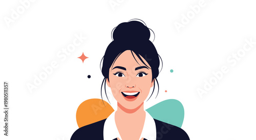 Portrait of a young smiling woman with black hair tied in a neat bun wearing a professional dark blue jacket and white shirt.