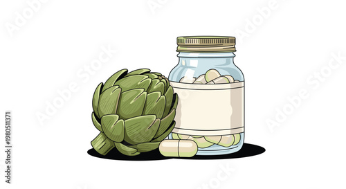 Green artichoke vegetable standing next to a clear glass jar filled with health supplement capsules for natural diet support.