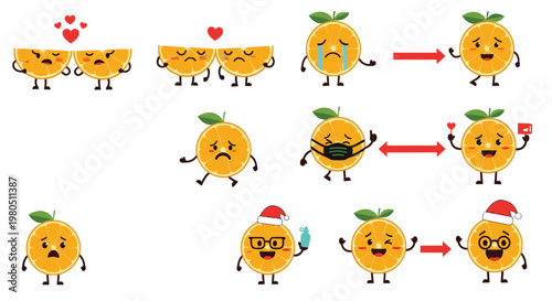 Collection of cute orange slice characters showing various emotions and actions like love sadness and wearing masks.