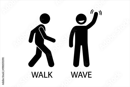 Walking and Waving Stick Figure Icons Representing Actions
