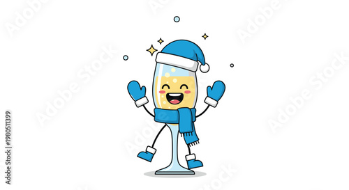 Happy champagne glass character wearing a blue winter hat scarf and warm mittens while celebrating in the falling snow.