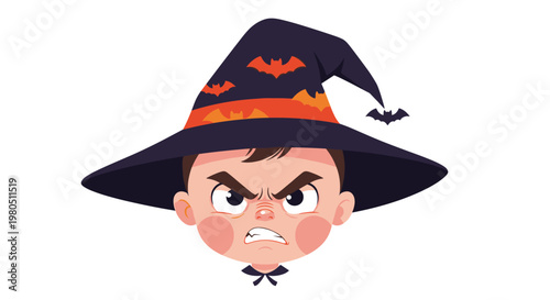 Grumpy young boy with an angry expression wearing a black witch hat decorated with orange bats for a halloween party.