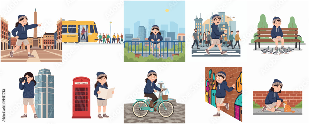 Fototapeta premium Set of Vector Illustrations of a Young Girl Traveler Exploring Urban City Landmarks, Sightseeing, and Enjoying Outdoor Activities