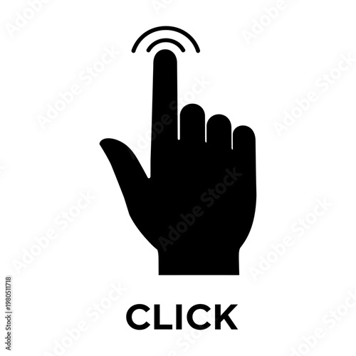 Vector graphic of a hand with the index finger extended and a click symbol above it, indicating a digital action.