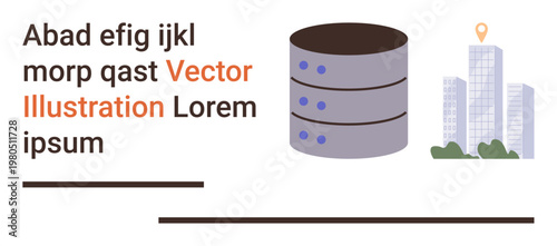 Data management, urban planning, cloud technology, IT infrastructure, geolocation services, digital solutions. An abstract server next to buildings with a location marker. Data management and urban
