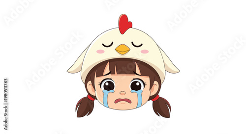 Young girl with pigtails wearing a white chicken hat crying with tears in her big eyes on a clean white background.