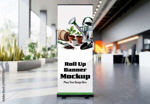 Vertical Roll Up Banner Mockup in Modern Office Interior with Gardening and Nursery Branding