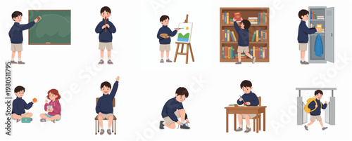 Canvastavla Set of cute illustrations featuring a schoolboy performing various daily activities like studying, painting, playing music, and organizing books at school