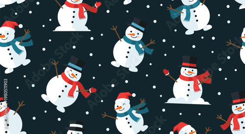 Seamless pattern background of cute snowmen characters with different hats and scarves in a snowy winter night.
