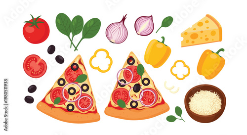 Two slices of vegetarian pizza surrounded by fresh ingredients like tomatoes onions peppers cheese and black olives.