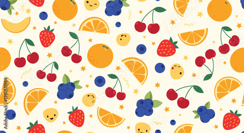 Seamless pattern featuring a colorful variety of fruits including oranges, strawberries, cherries, and blueberries on cream background.