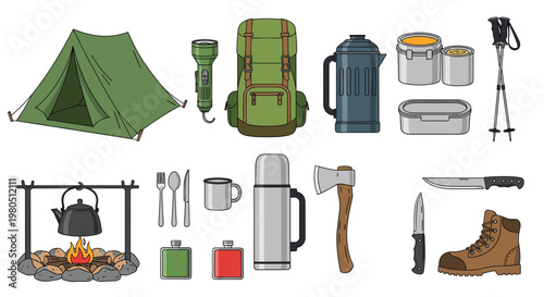 Comprehensive collection of camping and outdoor survival equipment icons including a tent backpack kettle tools and hiking gear.