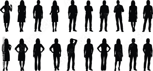 Business people silhouettes vector set. Men and women in formal standing poses. Professional human figures collection for corporate, office, and teamwork design projects.