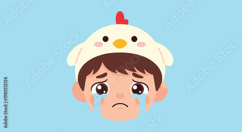 Close up portrait of a crying young boy wearing a white chicken themed hat against a bright blue background with visible tears.