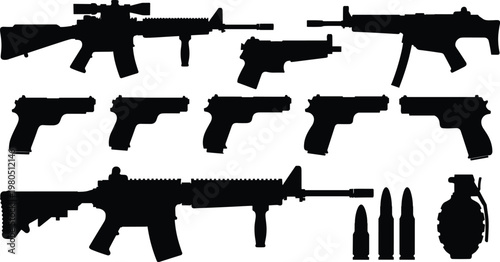 Weapon silhouettes vector set. Rifles, pistols, bullets, and grenade icons collection. Military equipment shapes isolated for army, security, and defense design projects.