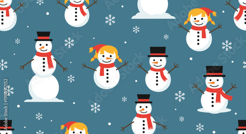 Seamless pattern of various happy snowmen and snowgirls wearing colorful hats and scarves on a blue background with snowflakes.
