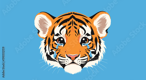Detailed illustration of a young tiger cub's face with large tears falling from its eyes expressing sadness on a blue background.