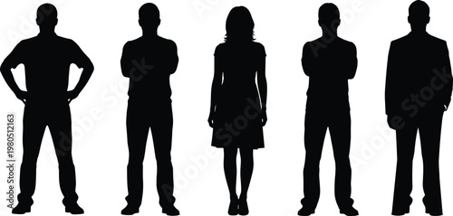 Business team silhouettes vector set. Men and woman standing in formal poses. Professional human figures collection for corporate, office, and leadership design projects.