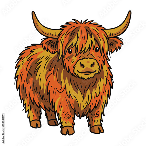 Illustration of a domestic animal, a highland cow standing alone.