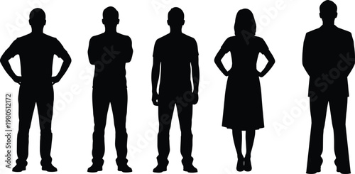 Business people silhouettes vector set. Men and woman standing in confident poses. Professional human figures isolated for corporate, office, and presentation design projects.