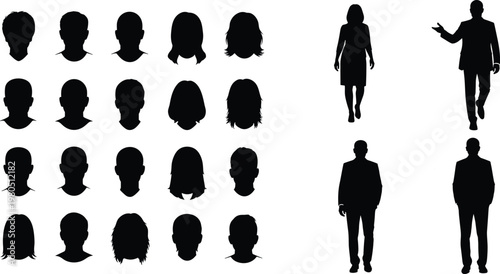 Avatar and full body silhouettes vector set. Male and female head profiles and standing figures. Human icons collection for user, business, and identity design projects.