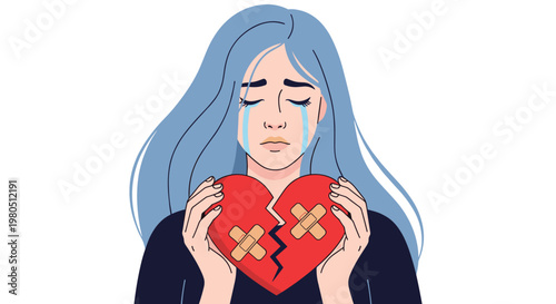 Emotional illustration of a young woman with blue hair crying while holding a broken red heart mended with several bandages.