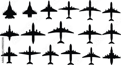 Airplane silhouettes vector set. Aircraft top view collection with different plane types. Aviation transport icons isolated for travel, flight, and logistics design projects.
