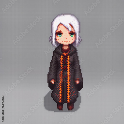 A pixel art image of a woman in a black cloak, with a green eye and a red stripe, standing on a gray background.