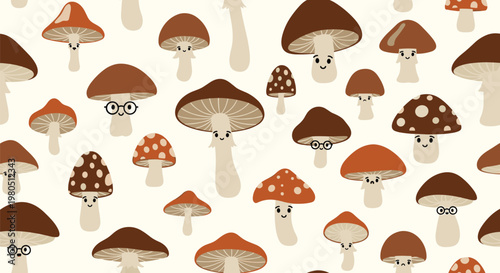 Seamless pattern of various cute mushroom characters with different expressions and colors on an off white background.