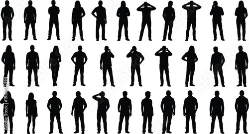 Casual people silhouettes vector set. Men and women in relaxed standing poses. Everyday human figures collection for social, lifestyle, and urban design projects.