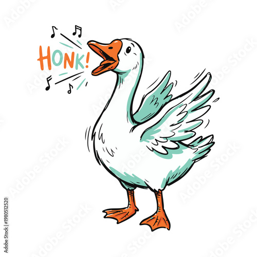 A domestic animal, a goose, sings with musical notes and the word HONK.