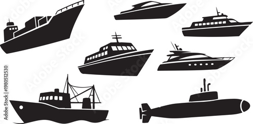 Black boat, ship, submarine vector icons, nautical vessel silhouettes, ocean transportation fleet