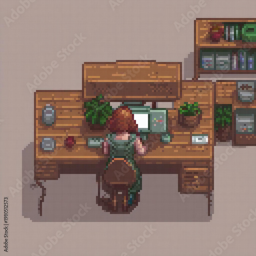 A woman sits at a wooden desk with a computer, a potted plant, and a bookcase. The scene is in pixel art style.